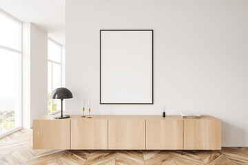 Light gallery room interior with drawer and decoration, mockup frame