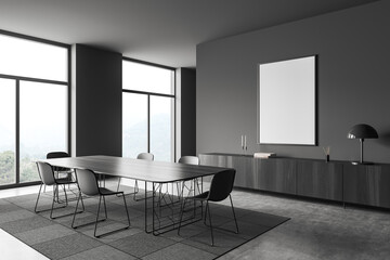 Meeting interior with seats and table, panoramic window, cabinet and mockup frame - obrazy, fototapety, plakaty