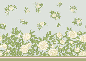 Roses flowers on branches. Millefleurs trendy floral design. Seamless border pattern, linear ornament, ribbon Vector illustration. On green background