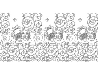 Byzantine traditional historical motifs of animals, birds, flowers and plants Seamless border pattern, linear ornament, ribbon. Outline vector illustration.
