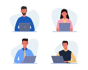 A set of Business woman and man working with laptops