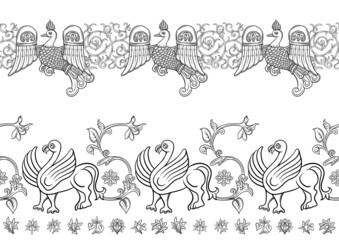 Byzantine traditional historical motifs of animals, birds, flowers and plants Seamless border pattern, linear ornament, ribbon. Outline vector illustration.