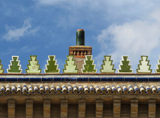 Railway Station of Toledo. Neo-Mudejar art of 1919. Detail of cornice decoration with merlons.