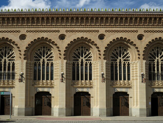 Railway Station of Toledo. Neo-Mudejar art of 1919. View of the facade decoration.