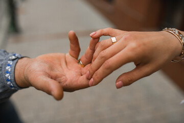 Feelings, love. Female and male hand touch each other with fingers