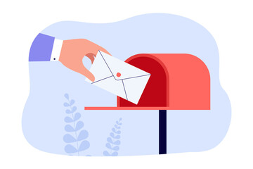 Hand of postman putting letter or envelope into open mailbox. Courier delivering mail flat vector illustration. Correspondence, communication, profession, newsletter concept for banner, website design