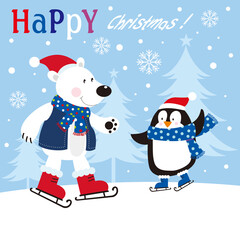 Christmas card, gift bag or box design with polar bear and penguin
