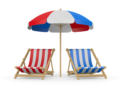 beach umbrella and deckchair on white background. Isolated 3D illustration