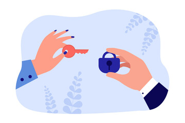 Male and female hands holding lock and key. Protection of personal data, access to information flat vector illustration. Security, privacy concept for banner, website design or landing web page