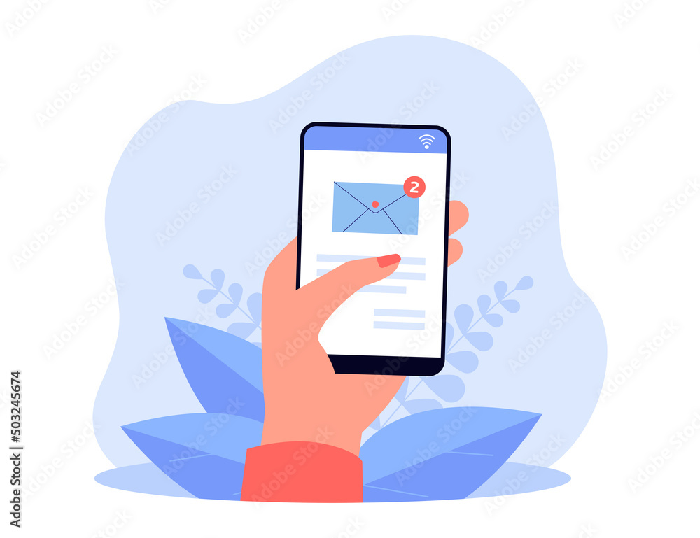 Poster hand holding cellphone with email symbol on screen. finger tapping envelope or message flat vector i