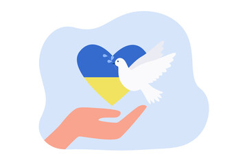 White dove and heart in colors of Ukraine flag on human hand. Flying peace pigeon with olive branch as symbol of freedom and independence flat vector illustration. Unity, nation, togetherness concept