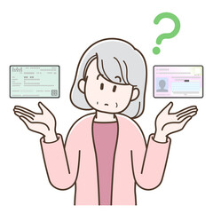 マイナンバーカードと保険証について悩むシニア女性のイラスト