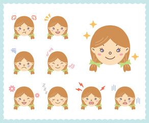 Fototapeta premium 女性の喜怒哀楽の感情 顔アイコン セット88