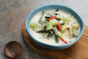 Sayur Lodeh or vegetable soup with coconut milk, delicious of traditional indonesian food. Consists of chayote, long beans, eggplant, cabbage and coconut milk. Served in bowl, close up.
