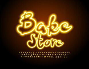 Vector glowing banner Bake Store. Yellow Neon Font. Handwritten electronic Alphabet Letters, Numbers and Symbols set