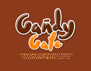 Vector sweet logo Candy Cafe. Playful Orange Font. Creative Alphabet Letters and Numbers