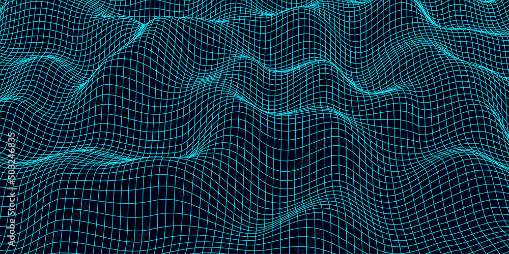 Poster digital wavy wireframe landscape. futuristic linear undulating terrain. digital cyberspace in mounta