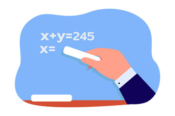 Hand of student holding chalk and solving equation. Person writing on blackboard flat vector illustration. Education, math concept for banner, website design or landing web page
