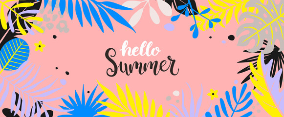 Fototapeta na wymiar Hello summer 2022 in tropical leaves banner.Greeting for hot season poster with place for text surrounded by tropical leaves.Template for flyers, cards, design.Vector Illustration.