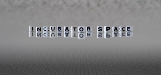 incubator space word or concept represented by black and white letter cubes on a grey horizon background stretching to infinity