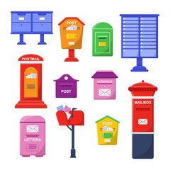 Old metal mailboxes set. Vector illustrations of vintage street postbox for wall of house. Cartoon empty classic letterbox or box full of envelopes in slot isolated white. Post service, inbox concept