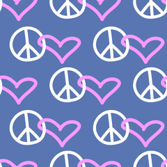 Peace and love - vector seamless pattern with international symbol of pacifism, disarmament, world peace in simple doodle flat style. Anti-war background, texture