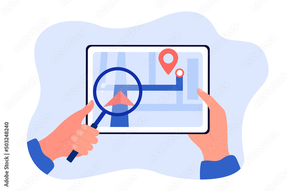 Poster hand holding magnifier in front of tablet with city map. person finding route to destination with ap
