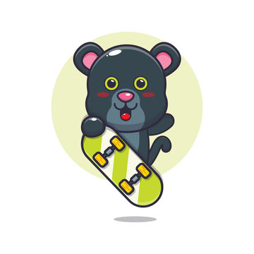 cute panther mascot cartoon character with skateboard