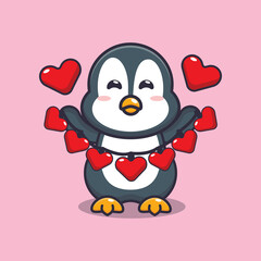 cute penguin cartoon character holding love decoration
