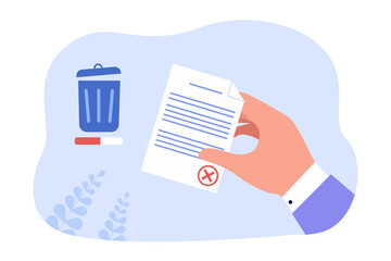 Symbol of recycle bin and hand holding document or letter. Employer or businessman rejecting report or job application flat vector illustration. Delete, failure concept for banner or landing web page