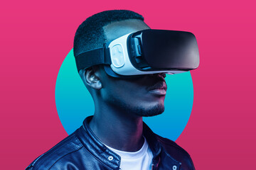 Image of cool futuristic African guy exploring cyberspace of virtual world wearing vr headset
