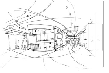 shopping mall sketch drawing,Fashion shops and people walking around.,Modern design,vector,2d illustration
