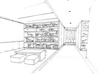 sketch drawing library area and bookshelf with seating and aisle,Modern design,vector,2d illustration - obrazy, fototapety, plakaty