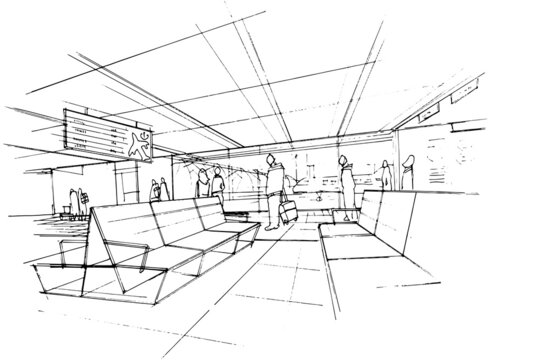 sketch drawing airport seating area,drawing of people traveling in an international airport,Modern design,vector,2d illustration