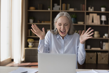 Happy excited senior businesswoman feeling euphoric, screaming for joy, enjoying success, win,...