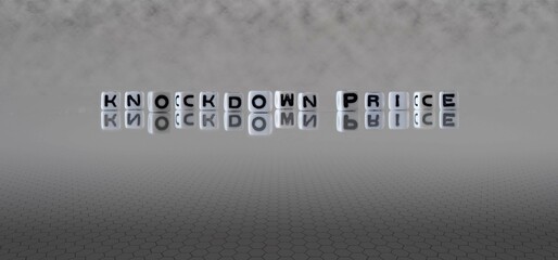knockdown price word or concept represented by black and white letter cubes on a grey horizon background stretching to infinity - obrazy, fototapety, plakaty