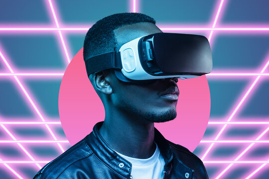 African man wearing smart vr goggles watching virtual 3d video in metaverse