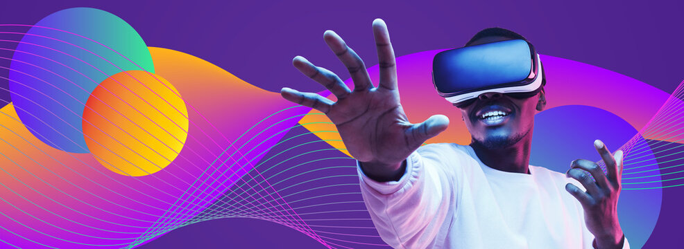 Banner of african man in vr headset exploring metaverse world, touching virtual reality subjects