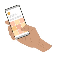 Hand holding smartphone and tapping on app icon, using mobile apps. Cartoon vector illustration of person showing phone