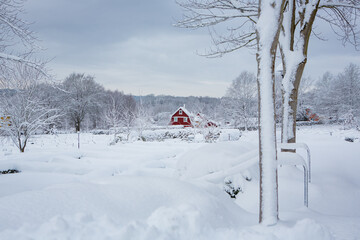 Small red house in Swedish winter landscape