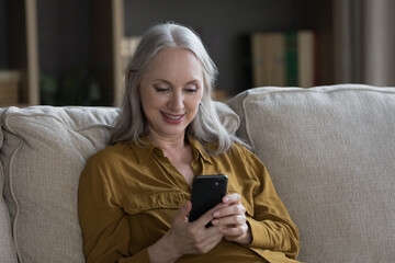 Happy focused senior cellphone user woman reading text message on mobile phone, typing, using online app, watching social media content, shopping on internet from home, resting on sofa