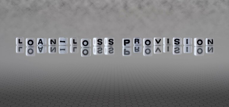 loan loss provision word or concept represented by black and white letter cubes on a grey horizon background stretching to infinity