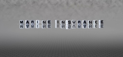 marine insurance word or concept represented by black and white letter cubes on a grey horizon background stretching to infinity