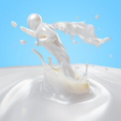 3D Rendering of an abstract Super Milk Character Flies out of a Milk Splash
