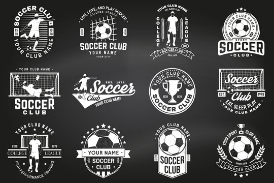 Set of soccer, football club badge design on chalkboard. Vector. For football club sign, logo. Vintage monochrome label, sticker, patch, goalkeeper and gate with soccer and football player silhouettes