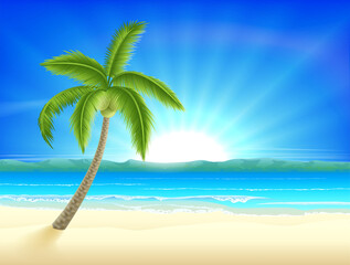Fototapeta na wymiar Beach Island Cartoon Palm Tree Background