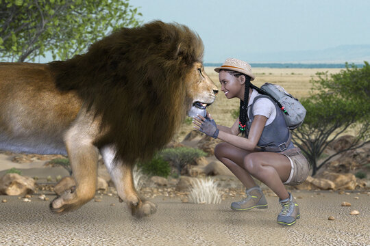 大きなオスライオンを撫でる黒人の女の子