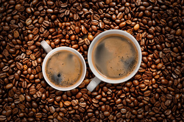 Cup of coffee with coffee beans on table