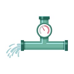 Broken metal pipe drainer with leakage of water. Vector illustration of industrial pipelines with leaks. Cartoon tap, pressure meter isolated on white
