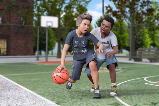 真剣にバスケットボールで練習する2人の男の子